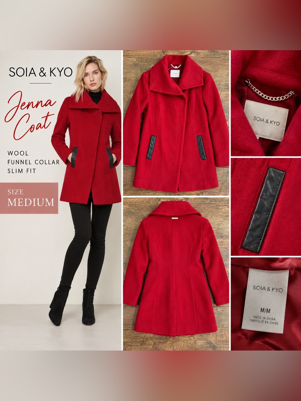 Soia & Kyo Red Wool Jenna Funnel Collar Slim Fit Coat Size Medium